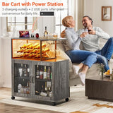Girapow Small Bar Cart with Wheels, Liquor Cabinet with LED Light, Wine Bar Cabinet with Power Outlets, Home Mini Bar with Wine Rack, Glasses Storage for Kitchen, Dining Room, Living Room, Grey Girapow