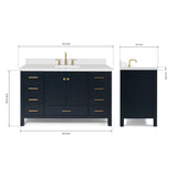 ARIEL Cambridge 55" Midnight Blue Bathroom Vanity with Sink, 1.5" Edge Pure White Quartz Countertop & Backsplash, Center Rectangular Sink, 2 Soft Closing Doors, 9 Full Extension Dovetail Drawers ARIEL