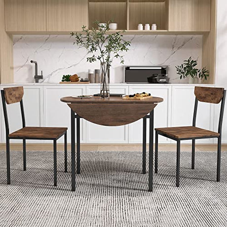 P PURLOVE 3 Piece Drop Leaf Dining Table Set,Solid Wood Kitchen Table and Chair Set of 2,Farmhouse Round Table and 2 Chairs for Small Places,Apartment,Kitchen P PURLOVE