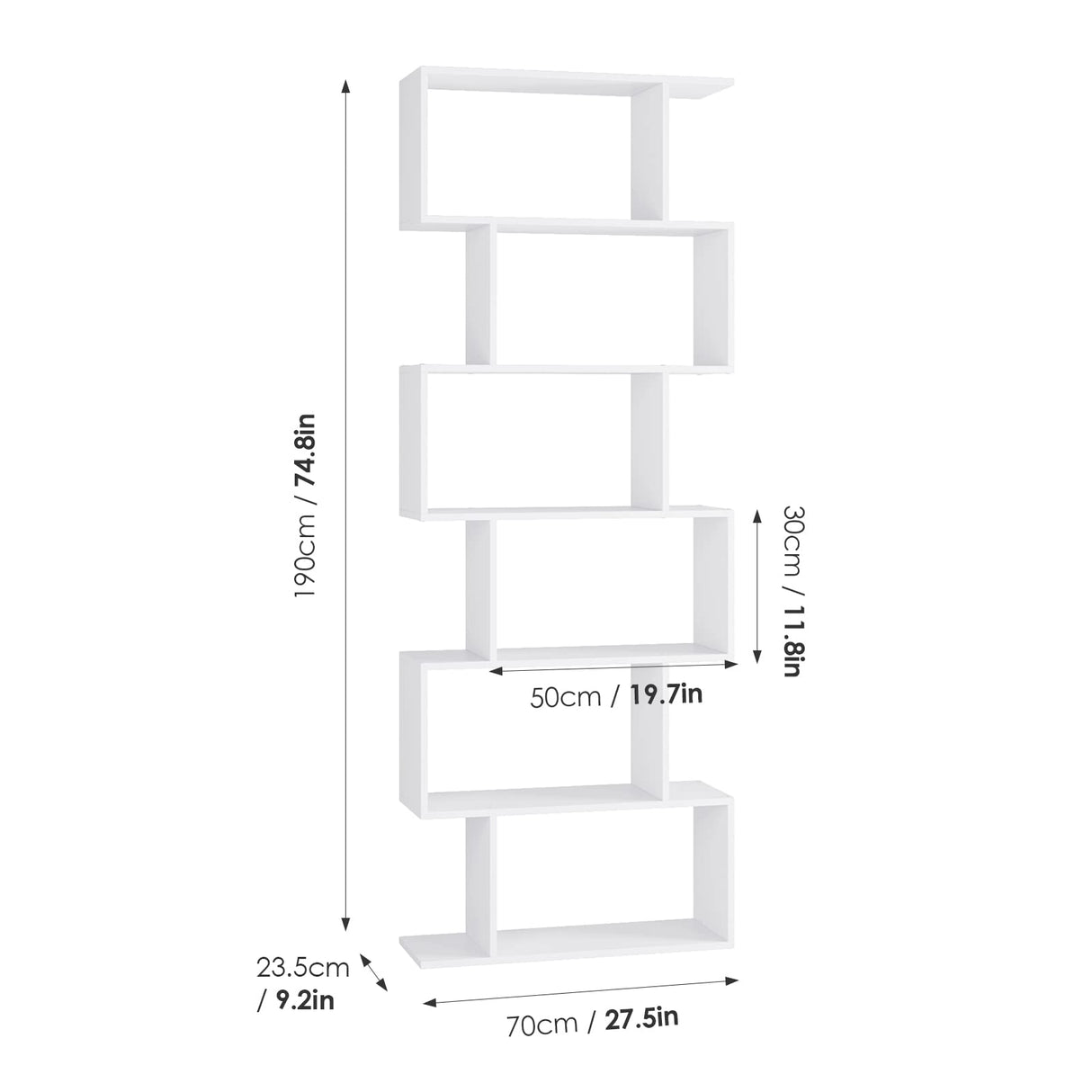 FOTOSOK S-Shaped 6-Tier White Bookcase - Modern Freestanding Display Shelf for Any Room FOTOSOK