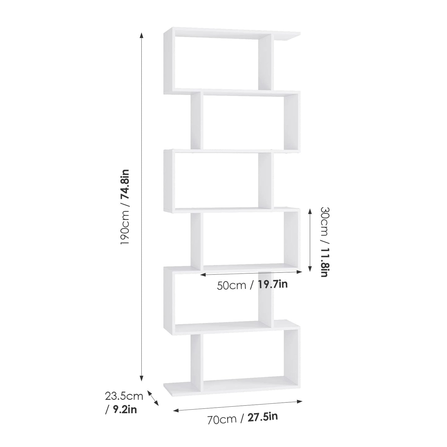 FOTOSOK S-Shaped 6-Tier White Bookcase - Modern Freestanding Display Shelf for Any Room - WoodArtSupply