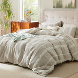 Bedsure Waffle Queen Comforter Set - Linen Soft Cotton Bedding Set for All Seasons, Stripe Fluffy Bed Set 3 Pieces with 1 Waffle Weave Comforter Queen Size and 2 Pillow Shams Bedsure