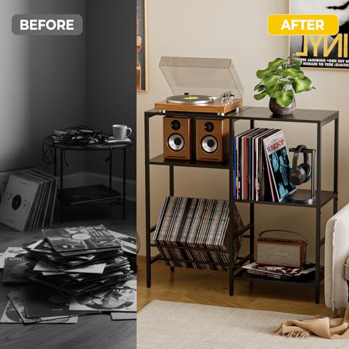 Record Player Stand with LED Light, Turntable Stand with Vinyl Storage - Up to 300+ Albums, 3-Tier Record Player Table Cabinet, Adjustable Shelf & V-Shaped Holder, Vinyl Display Shelf for Living Room Nidouillet