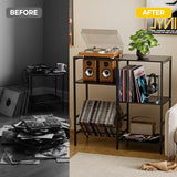 Record Player Stand with LED Light, Turntable Stand with Vinyl Storage - Up to 300+ Albums, 3-Tier Record Player Table Cabinet, Adjustable Shelf & V-Shaped Holder, Vinyl Display Shelf for Living Room Nidouillet