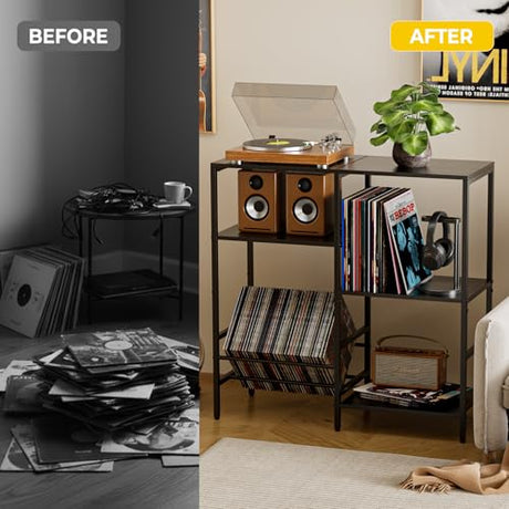 Record Player Stand with LED Light, Turntable Stand with Vinyl Storage - Up to 300+ Albums, 3-Tier Record Player Table Cabinet, Adjustable Shelf & V-Shaped Holder, Vinyl Display Shelf for Living Room Nidouillet