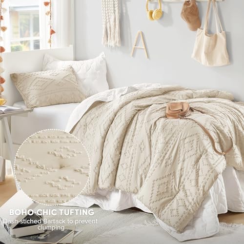 Comfort Spaces Twin/Twin XL Comforter Set for College Tufted Boho Dorm Comforter Set Twin XL Size, All Season Lightweight Bedding Set Soft, Matching Sham Beige 2 Piece Comfort Spaces