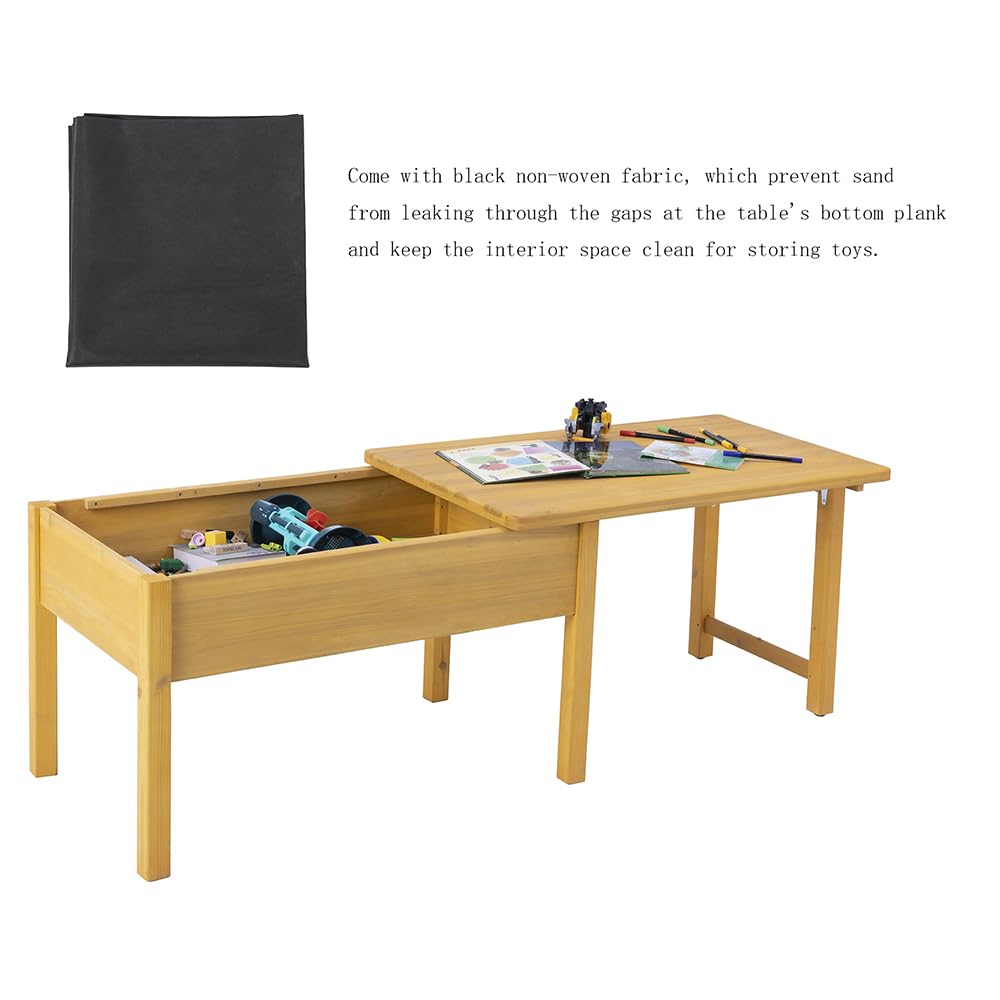 BIRASIL Wooden Kids Sensory Tables with Folding Lid, Activity Table for Children, Elevated Play Tables with Storage for Indoor Outdoor, Yellow BIRASIL