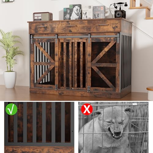 kepptory 48 Inch Large Dog Crate Furniture with 3 Storage Drawers, Wooden Pet Kennel with Removable Divider, Dog Kennel End Table TV Stand, Farmhouse Style Dog Crates with Sliding Barn Door (Brown) kepptory