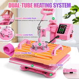Whubefy 8 in 1 Heat Press Machine for T Shirts 12x15 Inch with Dual-Tube Fast & Evenly Heating System for Mug Plate Hat Cap 360° Swing Away Multifunctional Digital Heat Transfer Sublimation Combo Pink Whubefy