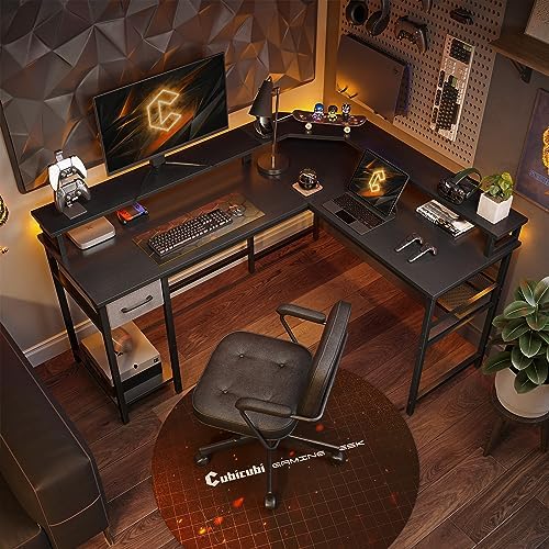 CubiCubi 58" L Shaped Gaming Desk with RGB LED Lights, Power Outlets & Storage Solutions - Black - WoodArtSupply