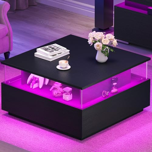 YITAHOME Coffee Table, Coffee Tables for Living Room with Storage, Square Coffee Table with 2 Sliding Drawers, Modern Coffee Table with LED Light, Acrylic Wood Center Table, Black - WoodArtSupply