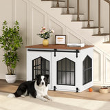MAHANCRIS Dog Crate Furniture, 31.5" Farmhouse Dog Kennel with Sliding Barn Door, Wooden Dog Cage for Small Medium Dogs, Decorative Pet House Side End Table, Chew-Resistant, White and Walnut DCBA9601 MAHANCRIS