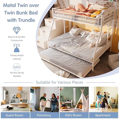 SUNLEI Metal Bunk Beds with Double Secured Ladders, Bunk Bed Twin Over Full with Surrounded Safety Guardrails, Space Saver Beds with Trundle, Noise Free for Small Bedroom, Creamy White SUNLEI
