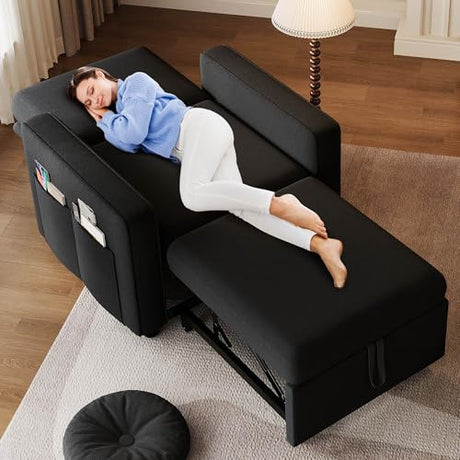 DWVO Convertible Sleeper Chair, 3-in-1 Sofa Bed with Reclining Backrest, 75" Single Sleeper Couch with Pull-Out Bed and Wide Armrest, Linen Futon Sofa for Dorm Apartment, Black DWVO