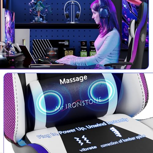 Mr IRONSTONE Gaming Chair, Video Game Chair with Bluetooth Speakers and Led Lights, Office Chair with Massage and 3D Armrest High Back Computer Racing Chair, Cheap Gaming Chairs for Adults,Black/White Mr IRONSTONE