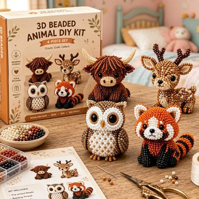 LSMARZJZ 3D Beaded Animal Kit for Adults & Beginners, Complete Bead Embroidery Kit for DIY Crafting and Stress Relief, for Desktop Home Decor and Thoughtful Gifts, with Instructions (Set F)