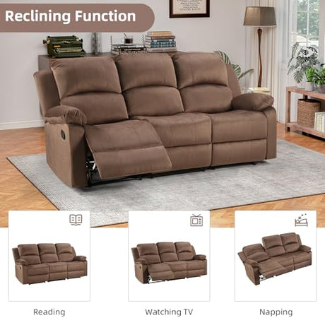 EBELLO 3 Seat Recliner Sofa for Living Room, Soft Microfiber Reclining Couch with Overstuffed Arms and Backrest for Home and Office, Brown EBELLO