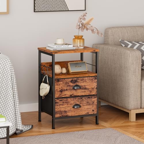 Furologee Rustic Brown Nightstands Set with 2 Fabric Drawers and Hooks - WoodArtSupply