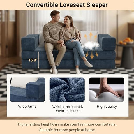 MAKIAAP 80" Foldable Chenille Futon Sofa Bed, 4-in-1 Convertible Couch with 2 Pillows, King-Size Floor Lounger for Living Room, Guest Room, Dorm - No Assembly (Blue, 80in) MAKIAAP