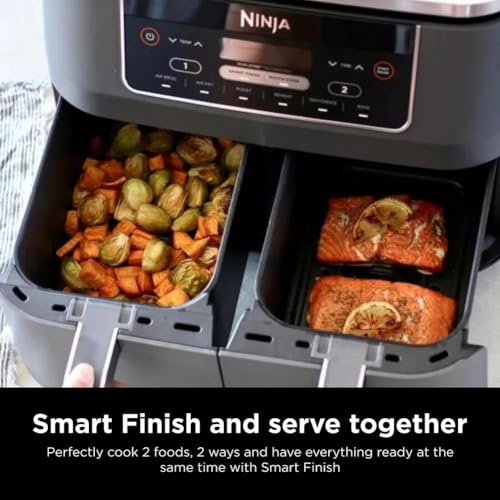 Ninja DZ201 Foodi 8 Quart 6-in-1 DualZone 2-Basket Air Fryer with 2 Independent Frying Baskets, Match Cook & Smart Finish to Roast, Broil, Dehydrate & More for Quick, Easy Meals, Grey Ninja