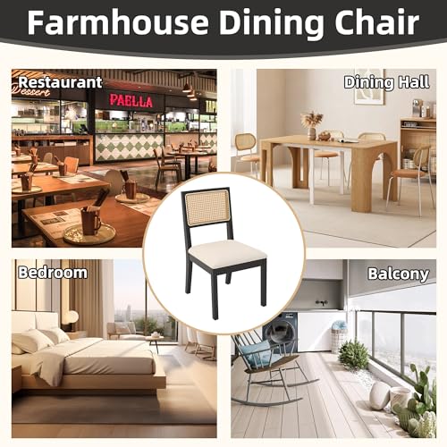 Westice Rattan Dining Chairs Set of 6, Farmhouse Natural Dining Room Chairs with Upholstered Cushion, Wood Armless Chairs for Kitchen/Restaurant, Black Westice