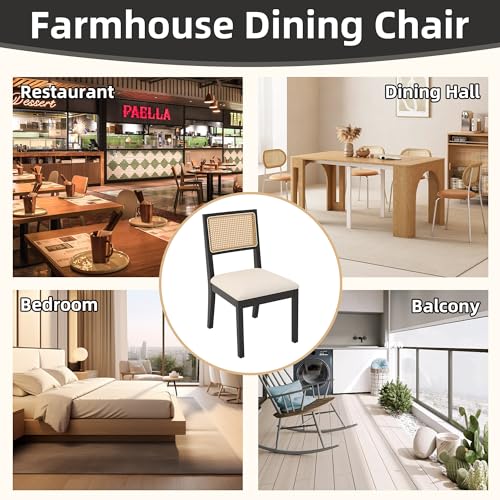 Westice Rattan Dining Chairs Set of 6, Farmhouse Natural Dining Room Chairs with Upholstered Cushion, Wood Armless Chairs for Kitchen/Restaurant, Black - WoodArtSupply