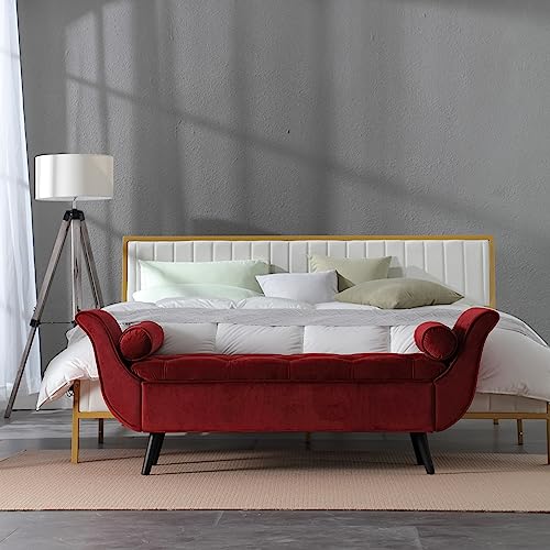 Hdxdkog Velvet Storage Bench for Bedroom End of Bed, 65" Upholstered Rolled Armed Button Tufted Stool Bench, Storage Ottoman Long Bench with with 2 Pillows for Entryway (Wine Red) Hdxdkog