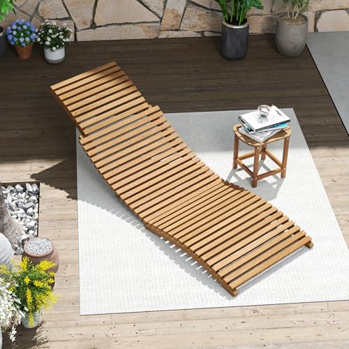 Tangkula Patio Folding Wooden Lounge Chair, Teak Wood Pool Chair with Slatted Seat, Outdoor Portable Low-Profile Sun Lounger for Poolside, Backyard, Porch, Beach (1)