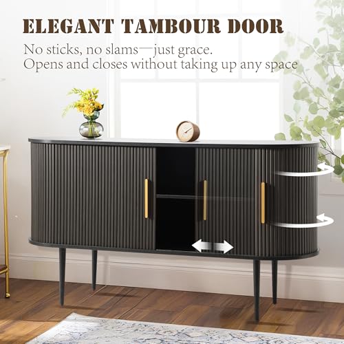UTOASIS Fluted Buffet Cabinet, 55" Sideboard Tambour Buffer Cabient wtih Storage, Sliding Door, Mid Century Modern Console Table with Adjustable Shelf, Modern Accent Cabinet for Kitchen (Black) UTOASIS