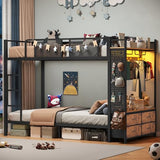 Itaar Metal Bunk Bed Twin Over Twin with Hall Tree, Power Outlet, LED Bunk Bed with 4 Storage Drawers, Bed with Safety Guardrail & Ladders, No Box Spring Needed, Easy Assembly, Rustic Brown Itaar