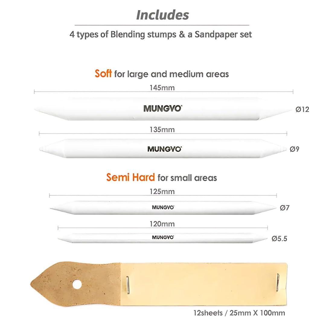 MUNGYO Blending Stumps and Sandpaper Set – 4 Sizes for Blending & Shading Pastels, Charcoal, and More – Includes Sandpaper Sharpener MUNGYO