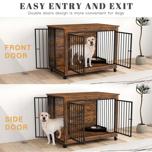 Yafylly 39 Inch Large Wooden Dog Crate Furniture with 180° Rotatable Bowl, Brown Multi-Functional Dog Crate End Table with Wheels, Furniture Dog Crate for Large Dogs with Flip-up Top Opening - WoodArtSupply