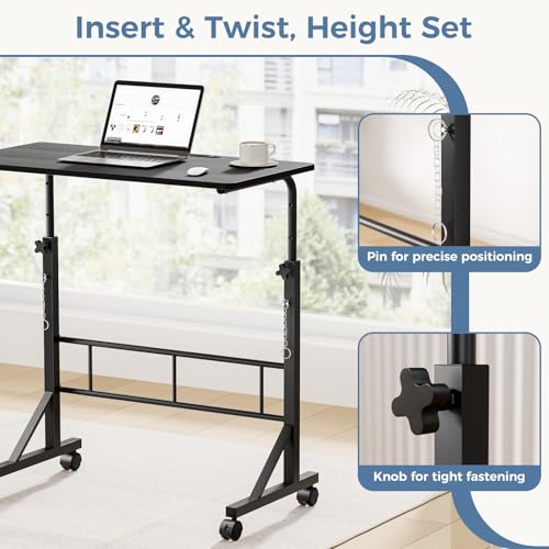 DUMOS 31.5" Adjustable Height Mobile Desk with Locking Wheels & Pin-Lock, Portable Workstation for Walking Pad & Active Home Office, Black DUMOS