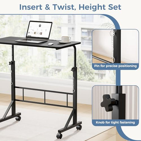 DUMOS 31.5" Adjustable Height Mobile Desk with Locking Wheels & Pin-Lock, Portable Workstation for Walking Pad & Active Home Office, Black DUMOS