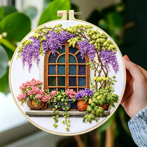 Zhenqing Wisteria by The Window Embroidery Kit for Beginners, Pre-Printed 29x29cm Cotton Fabric with 20cm Hoop, Cozy Vintage Window Design (JC0028