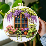 Zhenqing Wisteria by The Window Embroidery Kit for Beginners, Pre-Printed 29x29cm Cotton Fabric with 20cm Hoop, Cozy Vintage Window Design (JC0028
