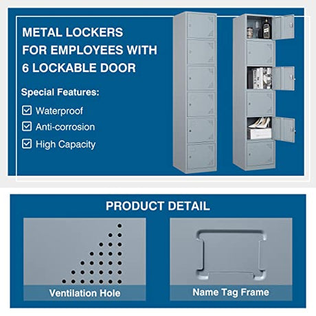 PEUKC Metal Locker Cabinet with 6 Doors, 71" Storage for Employees, 6 Tier Steel Locker with Lock and Keys for School, Gym, Home, Office Staff (Grey) PEUKC