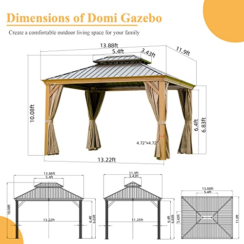 12' x 14' Hardtop Gazebo, Domi Wood Looking Aluminum Gazebo with Galvanized Steel Double Roof, Permanent Metal Gazebo with Curtains and Netting for Patio Lawn and Garden