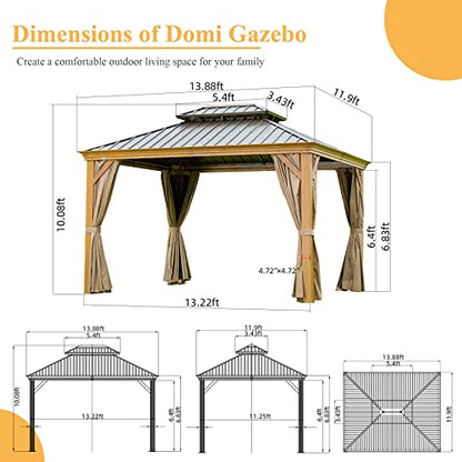 12' x 14' Hardtop Gazebo, Domi Wood Looking Aluminum Gazebo with Galvanized Steel Double Roof, Permanent Metal Gazebo with Curtains and Netting for Patio Lawn and Garden