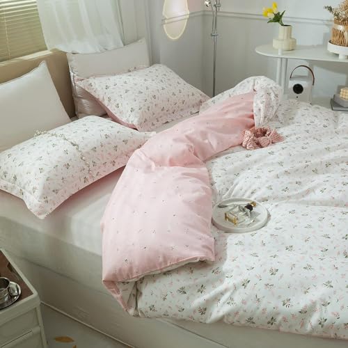 mixinni Small Floral Print Duvet Cover Full Flower Duvet Cover Set Soft Cotton Pink Reversible White Bedding Comforter Cover Zipper Closure 4 Corner Ties for Girls-Full Size mixinni