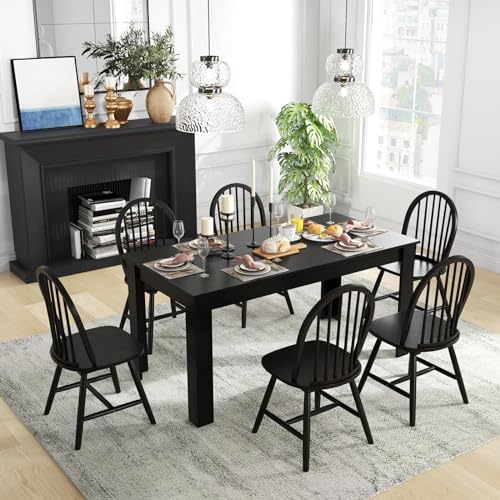 Giantex Dining Table Set for 6, Rectangular Wooden Dining Table & 6 Windsor Dining Chairs Set, Modern 7 Pieces Space-Saving Dinette Set for Dining Giantex