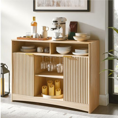 Amada Coffee Bar Cabinet with Wine Glass Rack, 47.2" Buffet Sideboard with Adjustable Shelves, Storage Cabinet for Kitchen,Entryway,Dining Room, Home Bar, Holds 200 lbs, Soft-Close Hinges,Natural Oak AMADA HOMEFURNISHING