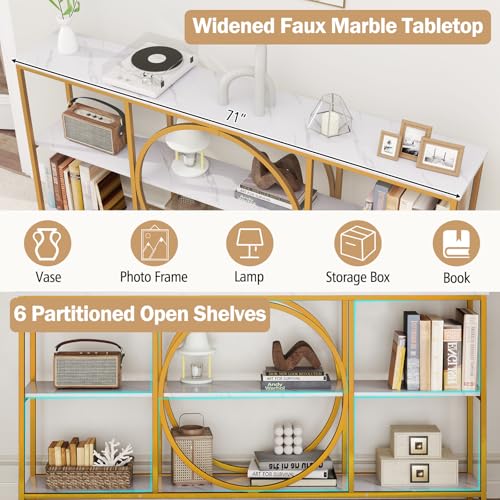 Giantex Narrow Long Console Table, 3-Tier Entryway Table with Faux Marble Top & Heavy-Duty Metal Frame, Mid-Century Accent Sofa Tables with Open Storage Shelves for Living Room, Hallway(White+Gold) Giantex