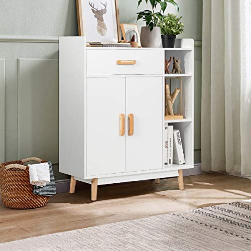 Giantex Floor Storage Cabinet Free Standing Cupboard with 1 Drawer, 2 Doors, 3 Shelves & 4 Rubber Wood Legs for Home Office Sideboard Storage Organizer, White - WoodArtSupply