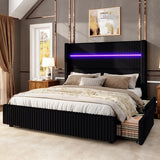Jocisland King Size Corduroy Upholstered Bed Frame with 4 Storage Drawers & 51.2" Tall Wingback Headboard, LED Bed with Charging Station, No Box Spring Needed, Dark Jocisland
