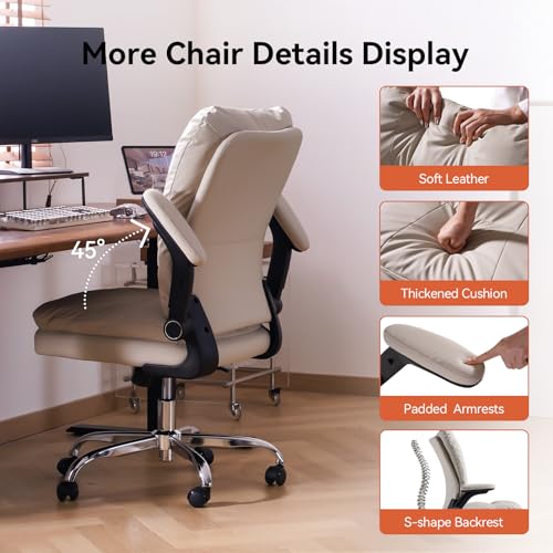 LEAGOO Ergonomic Executive Office Chair, Mid Back Comfy Desk Chairs with 3D Padded Flip-up Arms, Faux Leather Computer Rolling Chair with Wheels for Home, Adjustable Height, 300lbs, Beige LEAGOO
