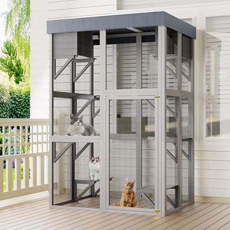 Outdoor Wooden Catio Cat House,Large Cat Enclosure with 6 Platforms,2 Napping Houses & Removable Waterproof Roof,Solid Wood Playpen Cage for Multiple Cats,Secure & Walk-in Design,70.5" H Gray GDFStudio