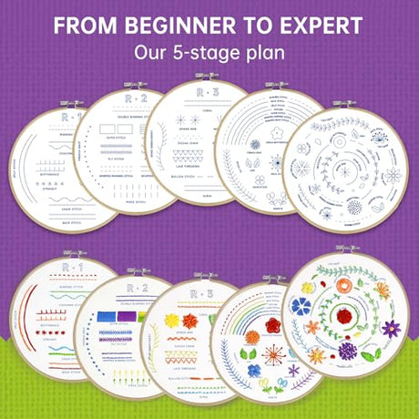 CYANFOUR 5 Stage Starter Embroidery Kit for Beginners Adults and Teens, Easy to Learn 33 Different Stitches from Video & Instruction, Needlepoint Kits for Adults CYANFOUR