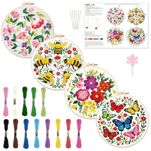 INFUNLY 4 Pack Pink Flowers Embroidery Starter Kit for Beginners Colorful Butterfly DIY Embroidery Kits for Adults Stamped Needlepoint Set with Step-by-Step Instructions Threads Craft Lover Gift