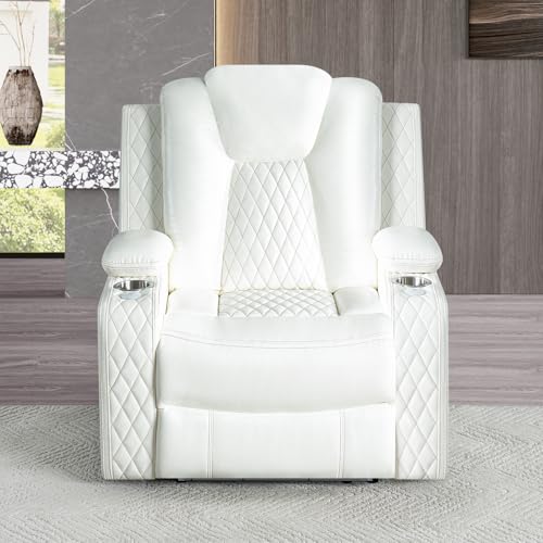 Naomi Home Chicago Power Recliner Chair with LED Lights, USB Charging Port, Adjustable Headrest, Cup Holders & Detachable Tray Tables, Faux Leather Home Theater Seating Recliner - White